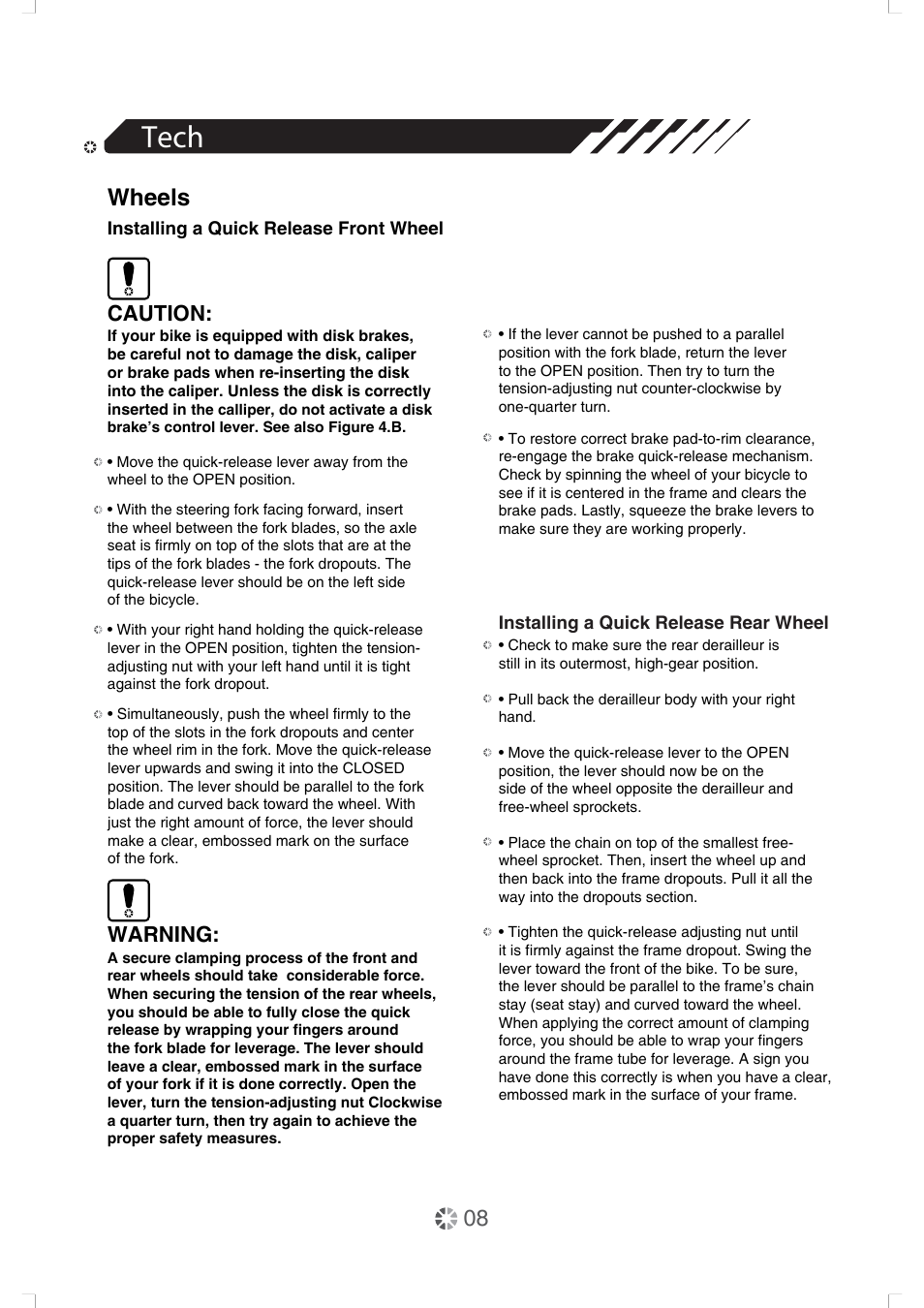 Tech, Wheels, Caution | Warning | DAHON Owner Manual User Manual | Page 8 / 20