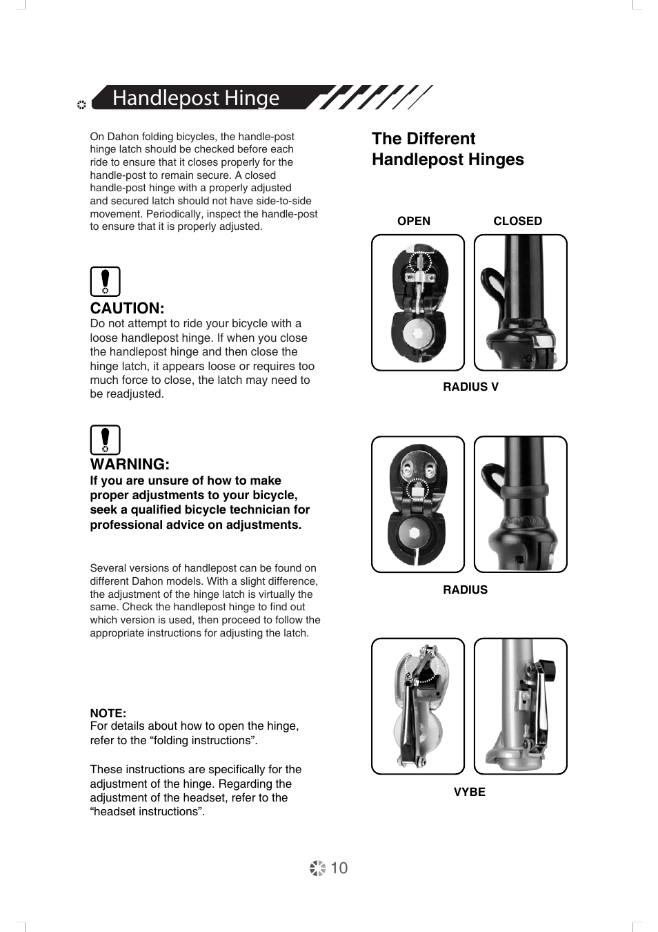 Handlepost hinge, The different handlepost hinges, Caution | Warning | DAHON Service Manual User Manual | Page 10 / 28