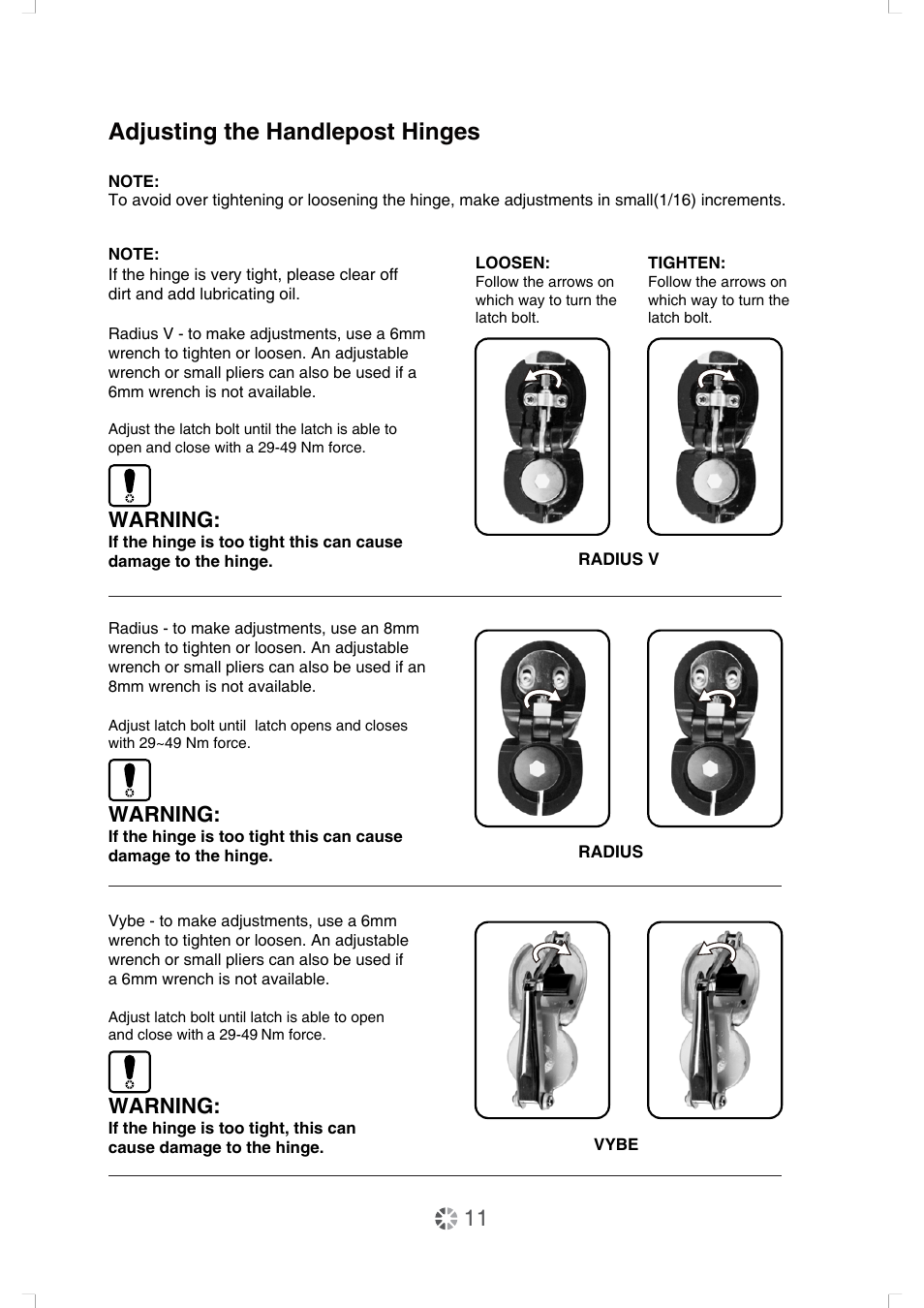 Adjusting the handlepost hinges, Warning | DAHON Service Manual User Manual | Page 11 / 28