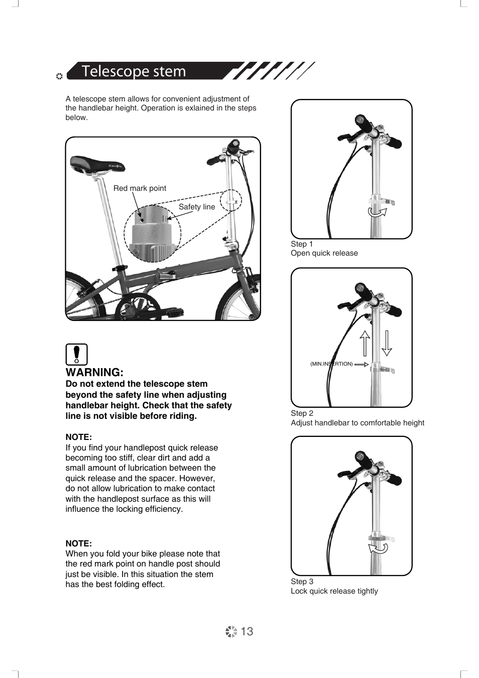 Telescope stem, Warning | DAHON Service Manual User Manual | Page 13 / 28