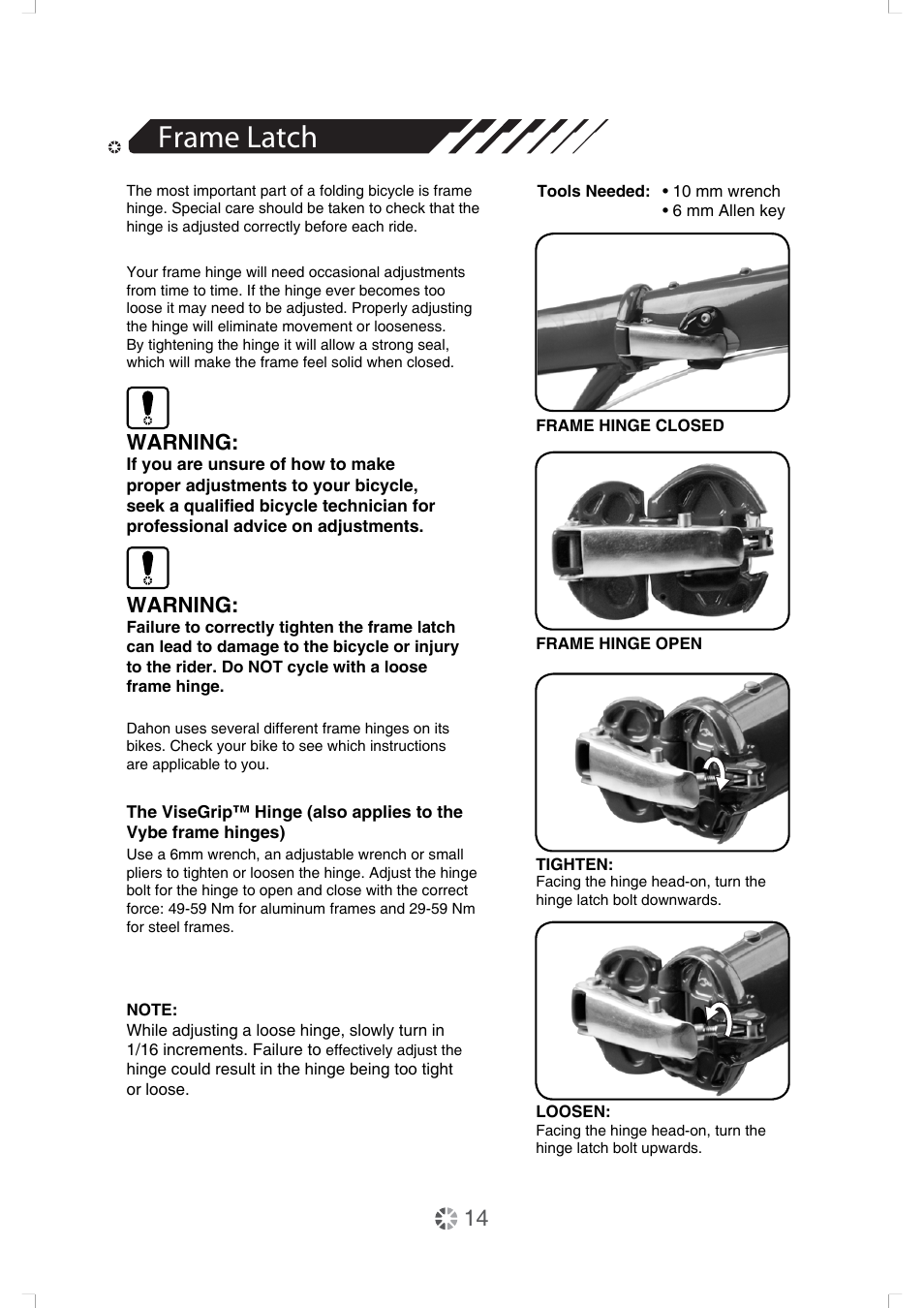 Frame latch, Warning | DAHON Service Manual User Manual | Page 14 / 28