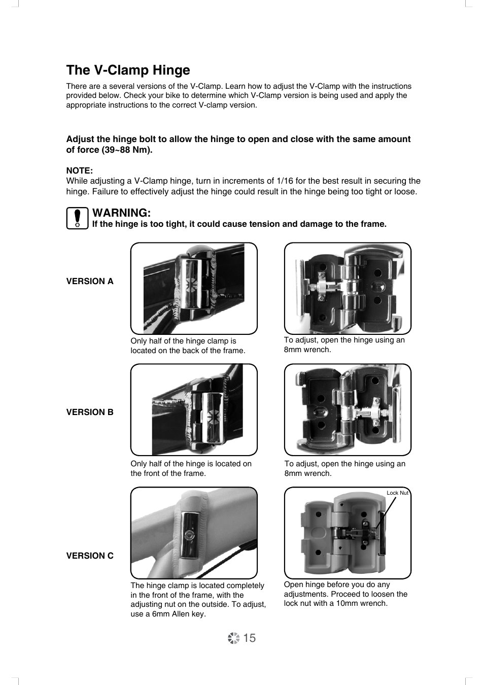 The v-clamp hinge, Warning | DAHON Service Manual User Manual | Page 15 / 28