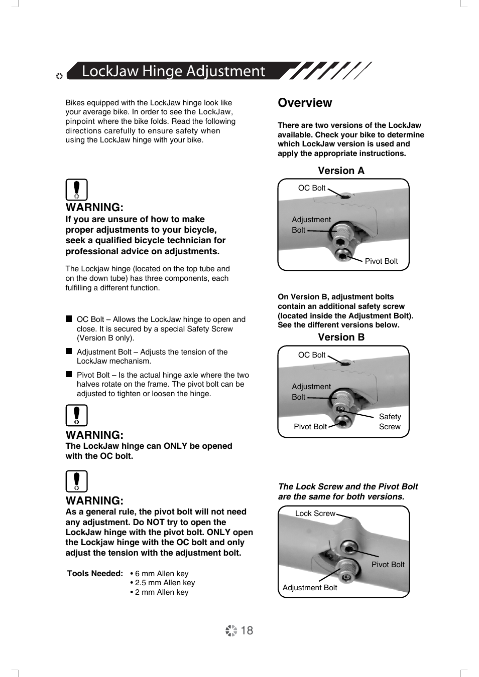 Lockjaw hinge adjustment, Overview, Warning | DAHON Service Manual User Manual | Page 18 / 28