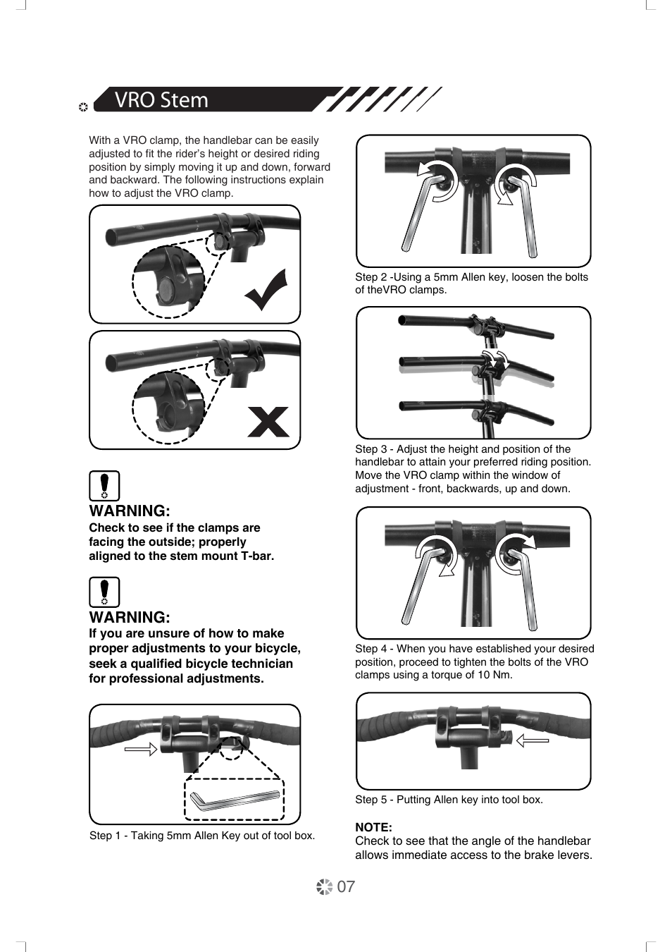 Vro stem, Warning | DAHON Service Manual User Manual | Page 7 / 28