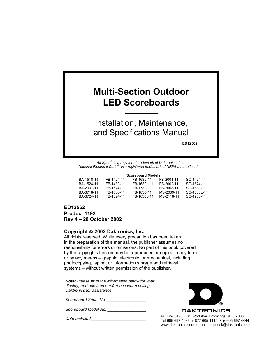 Daktronics BA-1518-11 Multi-Section Outdoor LED Scoreboard User Manual | 158 pages