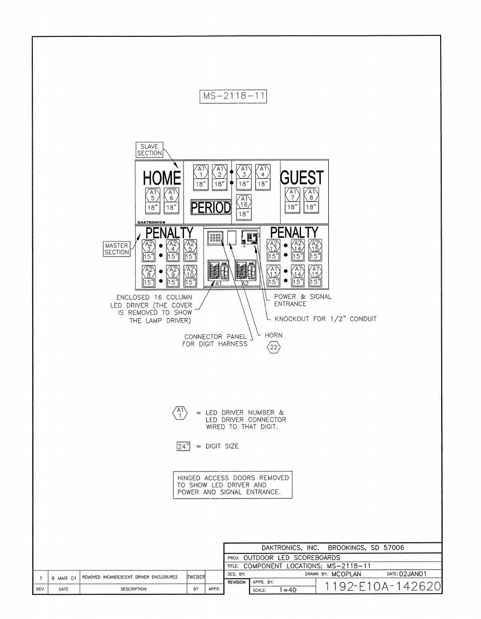 Drawing a-142620 | Daktronics BA-1518-11 Multi-Section Outdoor LED Scoreboard User Manual | Page 114 / 158