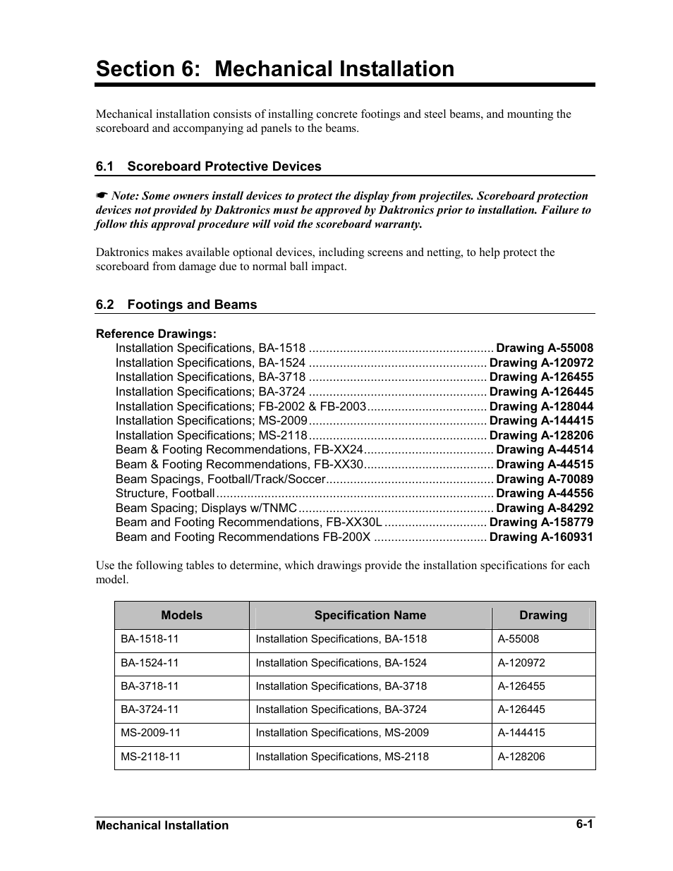 Mechanical installation, Scoreboard protective devices, Footings and beams | Section 6, Mechanical installation -1, Scoreboard protective devices -1, Footings and beams -1 | Daktronics BA-1518-11 Multi-Section Outdoor LED Scoreboard User Manual | Page 29 / 158