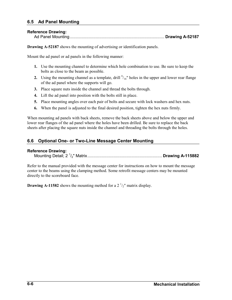 Ad panel mounting, Optional one- or two-line message center mounting, Ad panel mounting -6 | Daktronics BA-1518-11 Multi-Section Outdoor LED Scoreboard User Manual | Page 34 / 158