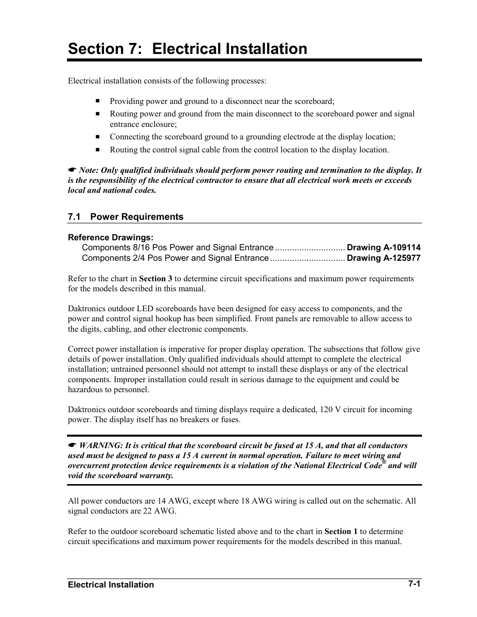 Electrical installation, Power requirements, Section 7 | Electrical installation -1, Power requirements -1 | Daktronics BA-1518-11 Multi-Section Outdoor LED Scoreboard User Manual | Page 35 / 158