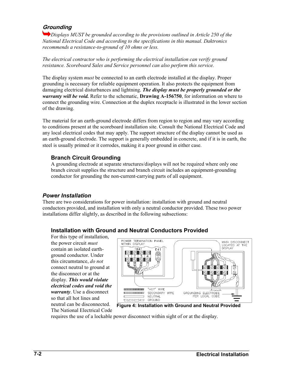 Grounding, Branch circuit grounding, Power installation | Grounding -2, Power installation -2 | Daktronics BA-1518-11 Multi-Section Outdoor LED Scoreboard User Manual | Page 36 / 158