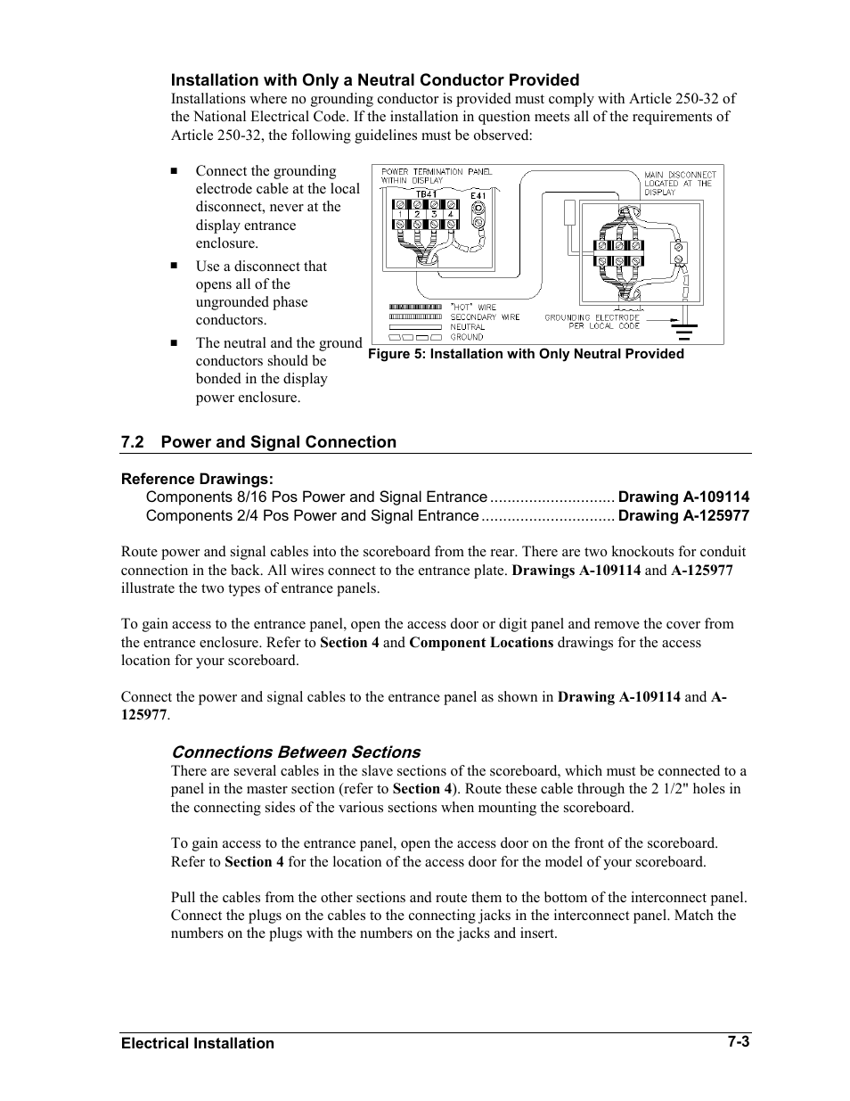 Power and signal connection, Connections between sections, Power and signal connection -3 | Connections between sections -3 | Daktronics BA-1518-11 Multi-Section Outdoor LED Scoreboard User Manual | Page 37 / 158