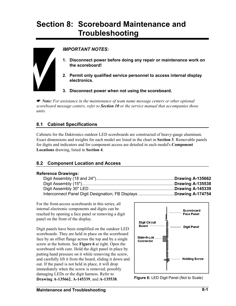 Scoreboard maintenance and troubleshooting, Cabinet specifications, Component location and access | Section 8, Scoreboard maintenance and troubleshooting -1, Cabinet specifications -1, Component location and access -1 | Daktronics BA-1518-11 Multi-Section Outdoor LED Scoreboard User Manual | Page 39 / 158