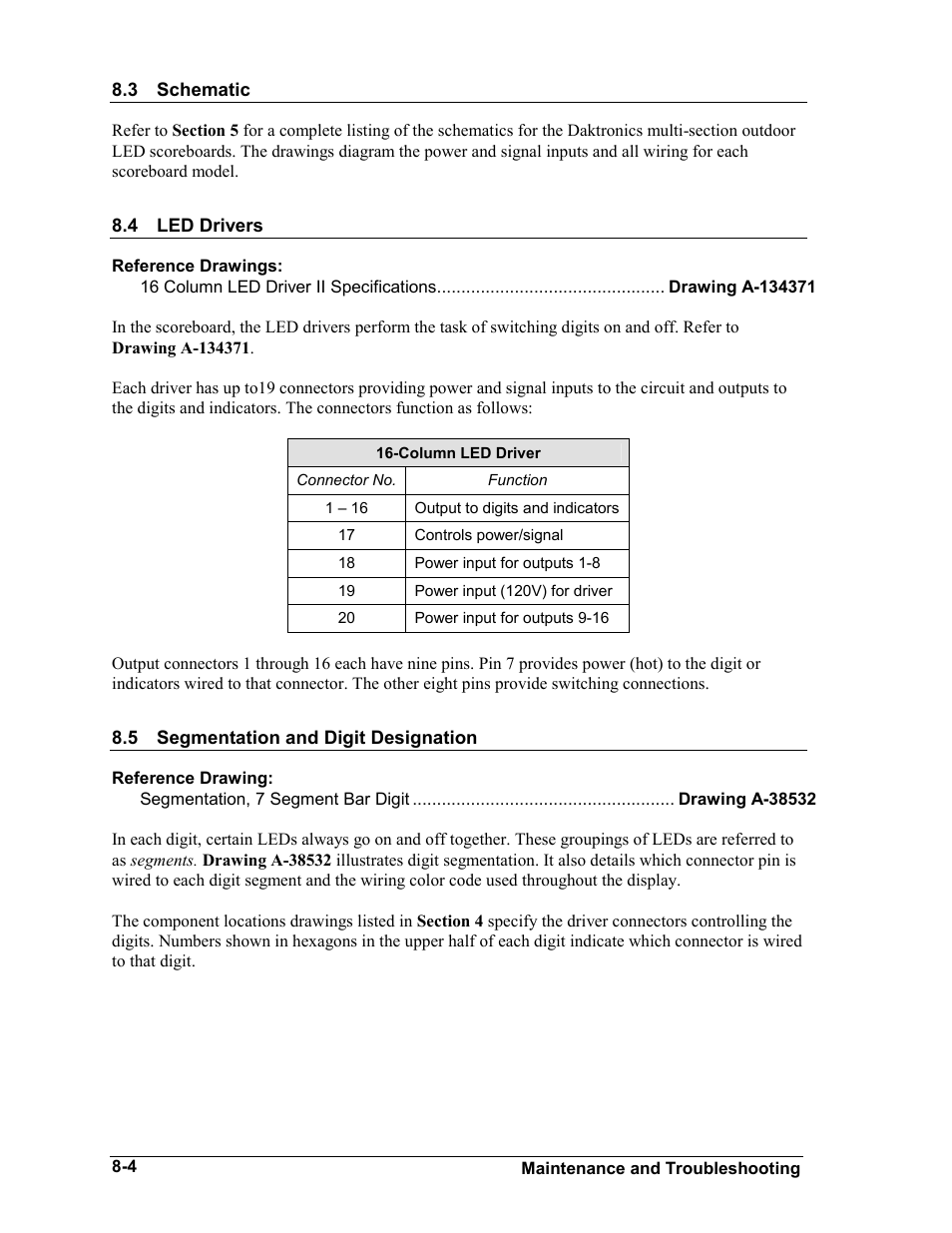 Schematic, Led drivers, Segmentation and digit designation | Schematic -4, Led drivers -4, Segmentation and digit designation -4 | Daktronics BA-1518-11 Multi-Section Outdoor LED Scoreboard User Manual | Page 42 / 158
