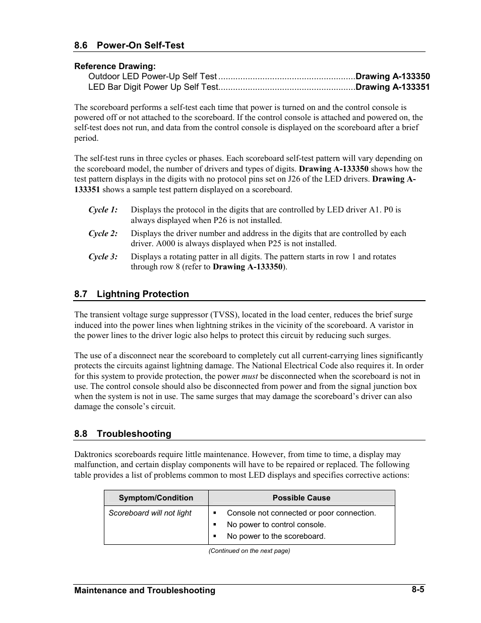 Power-on self-test, Lightning protection, Troubleshooting | Power-on self-test -5, Lightning protection -5, Troubleshooting -5 | Daktronics BA-1518-11 Multi-Section Outdoor LED Scoreboard User Manual | Page 43 / 158