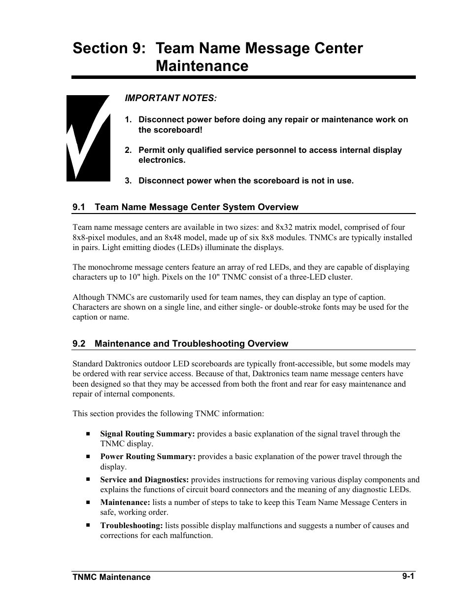 Team name message center maintenance, Team name message center system overview, Maintenance and troubleshooting overview | Section 9, Team name message center maintenance -1, Team name message center system overview -1, Maintenance and troubleshooting overview -1 | Daktronics BA-1518-11 Multi-Section Outdoor LED Scoreboard User Manual | Page 49 / 158