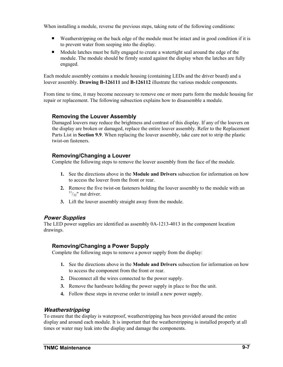 Removing the louver assembly, Removing/changing a louver, Power supplies | Removing/changing a power supply, Weatherstripping, Power supplies -7, Weatherstripping -7 | Daktronics BA-1518-11 Multi-Section Outdoor LED Scoreboard User Manual | Page 55 / 158