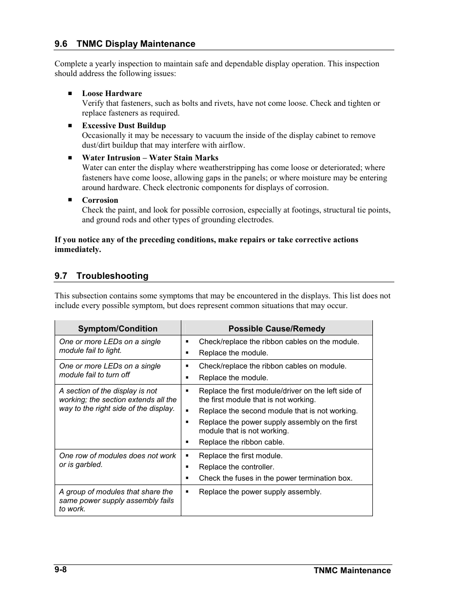 Tnmc display maintenance, Troubleshooting, Tnmc display maintenance -8 | Troubleshooting -8, 6 tnmc display maintenance, 7 troubleshooting, Tnmc maintenance 9-8 | Daktronics BA-1518-11 Multi-Section Outdoor LED Scoreboard User Manual | Page 56 / 158