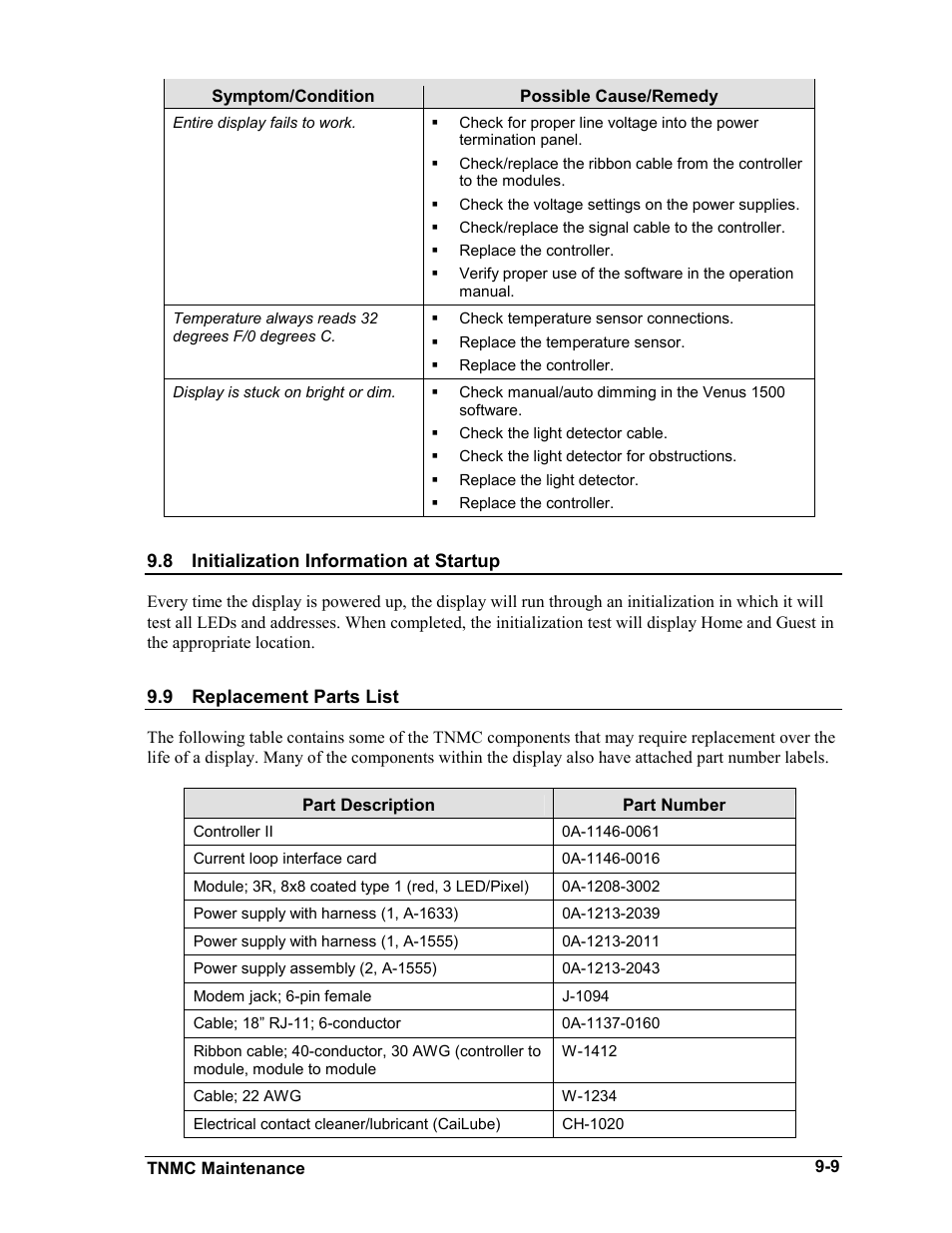 Initialization information at startup, Replacement parts list, Initialization information at startup -9 | Replacement parts list -9, 8 initialization information at startup, 9 replacement parts list | Daktronics BA-1518-11 Multi-Section Outdoor LED Scoreboard User Manual | Page 57 / 158