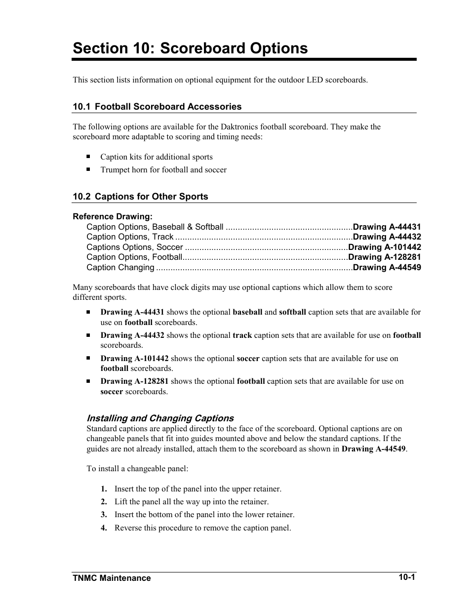 Scoreboard options, Football scoreboard accessories, Captions for other sports | Installing and changing captions, Section 10, Scoreboard options -1, Football scoreboard accessories -1, Captions for other sports -1, Installing and changing captions -1 | Daktronics BA-1518-11 Multi-Section Outdoor LED Scoreboard User Manual | Page 59 / 158