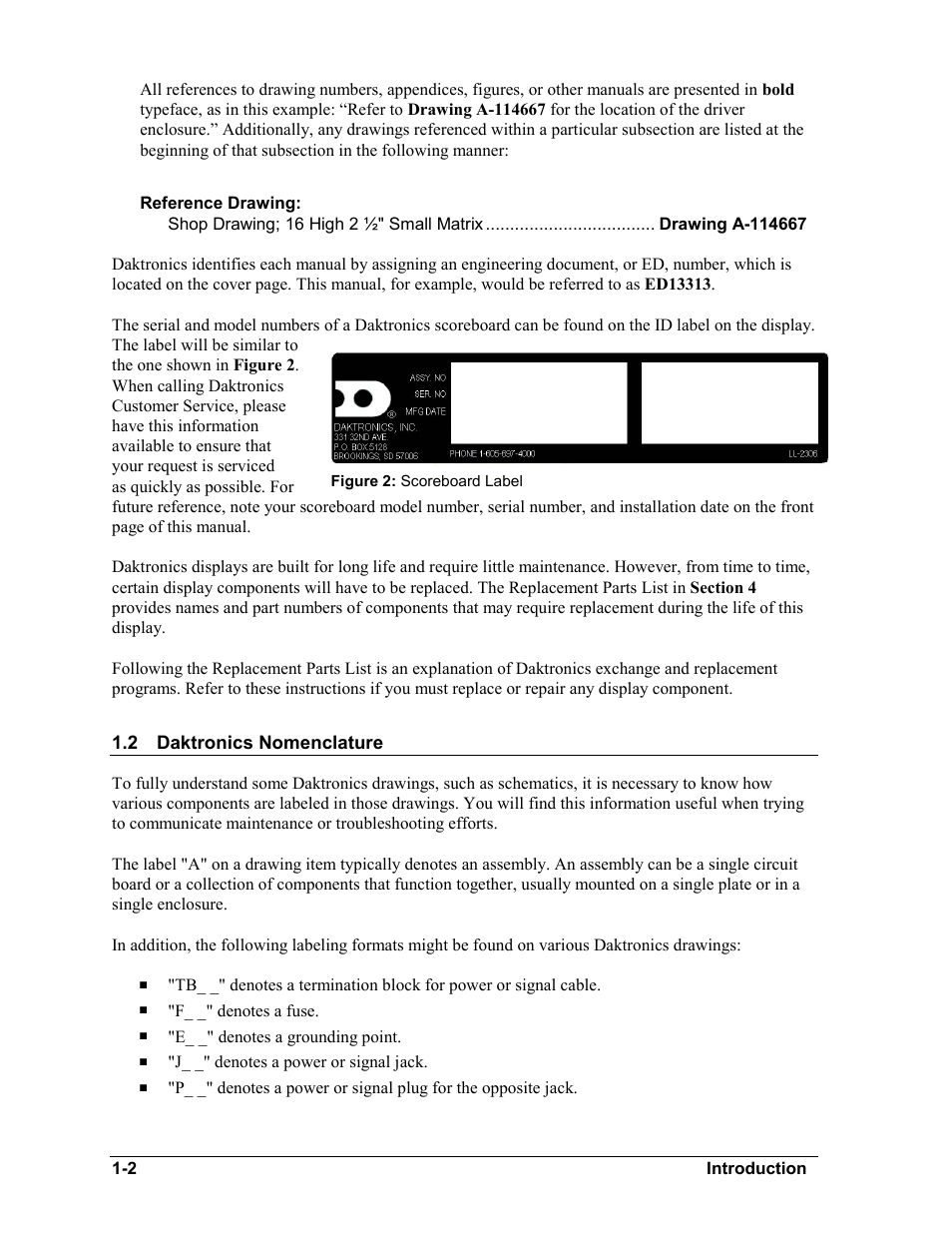 Daktronics nomenclature, Daktronics nomenclature -2 | Daktronics BA-1518-11 Multi-Section Outdoor LED Scoreboard User Manual | Page 6 / 158