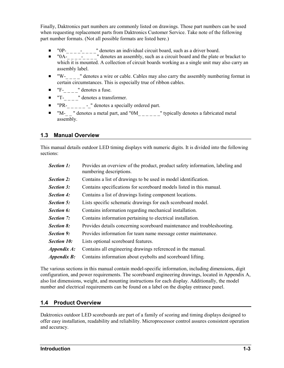 Manual overview, Product overview, Manual overview -3 | Product overview -3, 3 manual overview, 4 product overview | Daktronics BA-1518-11 Multi-Section Outdoor LED Scoreboard User Manual | Page 7 / 158