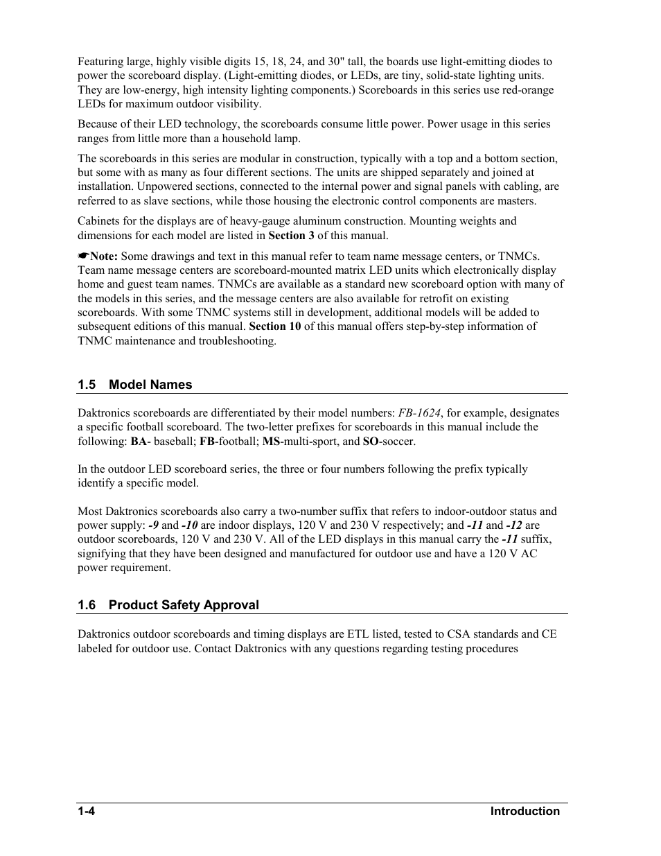 Model names, Product safety approval, Model names -4 | Product safety approval -4 | Daktronics BA-1518-11 Multi-Section Outdoor LED Scoreboard User Manual | Page 8 / 158