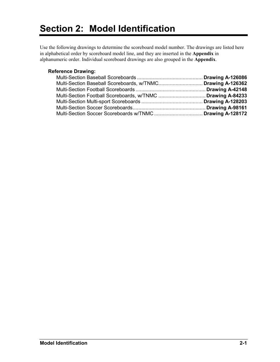 Model identification, Section 2, Model identification -1 | Daktronics BA-1518-11 Multi-Section Outdoor LED Scoreboard User Manual | Page 9 / 158
