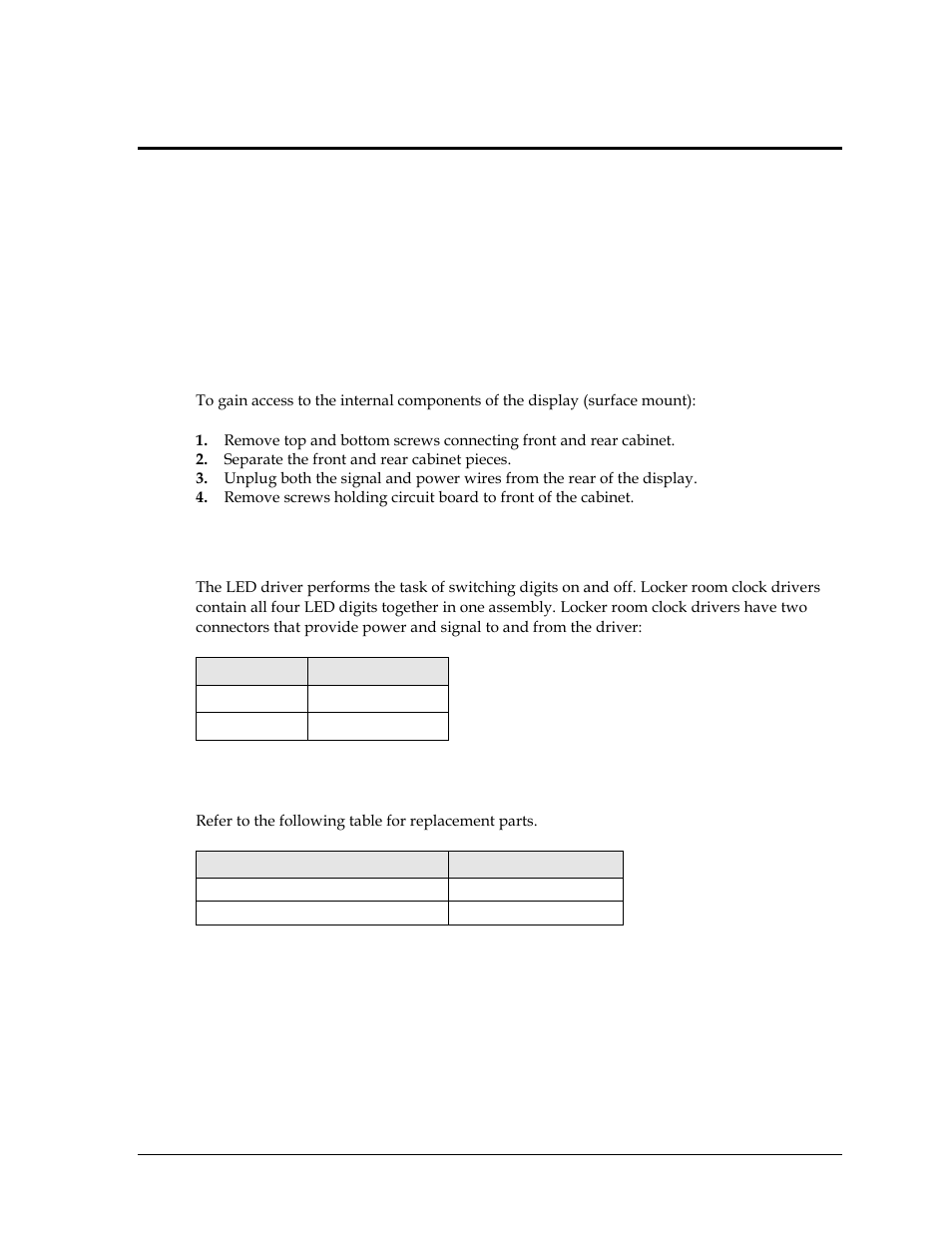 Section 3: maintenance & troubleshooting, 1 component access, 2 led drivers | 3 replacement parts, Section 3, Maintenance & troubleshooting, Component access, Led drivers, Replacement parts | Daktronics TI-2031 4-Inch LED Bar-Digit Locker Room Clock User Manual | Page 11 / 22