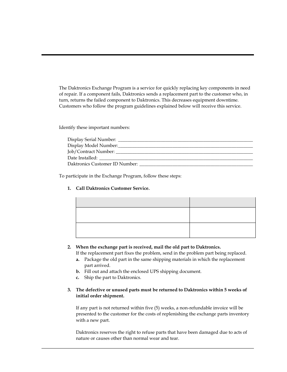 1 exchange program, Before contacting daktronics, Section 4 | Daktronics exchange and repair & return programs, Exchange program | Daktronics TI-2031 4-Inch LED Bar-Digit Locker Room Clock User Manual | Page 13 / 22