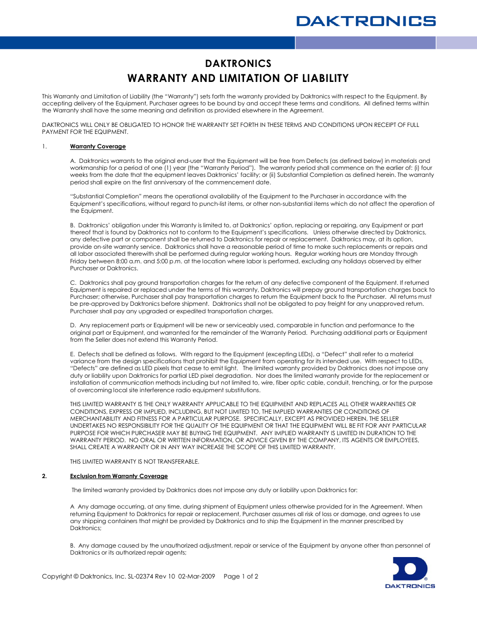 Warranty and limitation of liability, Daktronics | Daktronics TI-2031 4-Inch LED Bar-Digit Locker Room Clock User Manual | Page 21 / 22