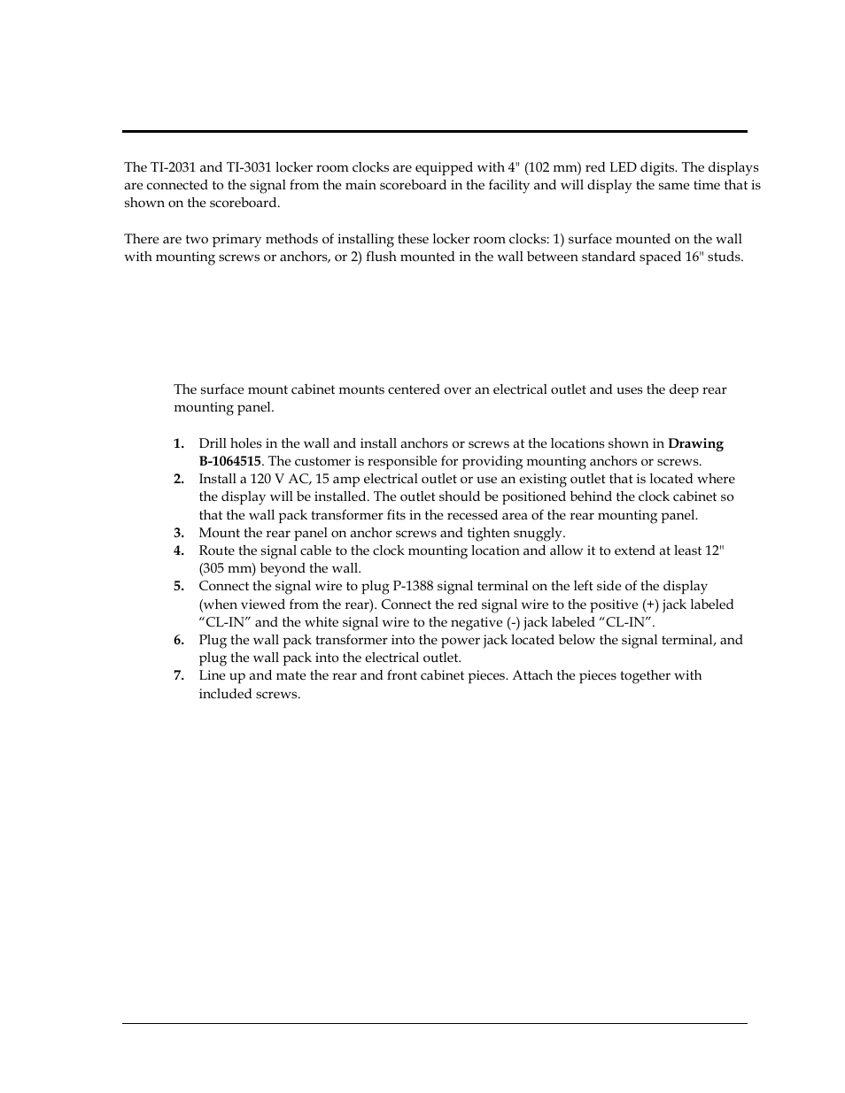 Section 2: mechanical & electrical installation, 1 surface mount method, Section 2 | Mechanical & electrical installation, Surface mount method | Daktronics TI-2031 4-Inch LED Bar-Digit Locker Room Clock User Manual | Page 9 / 22