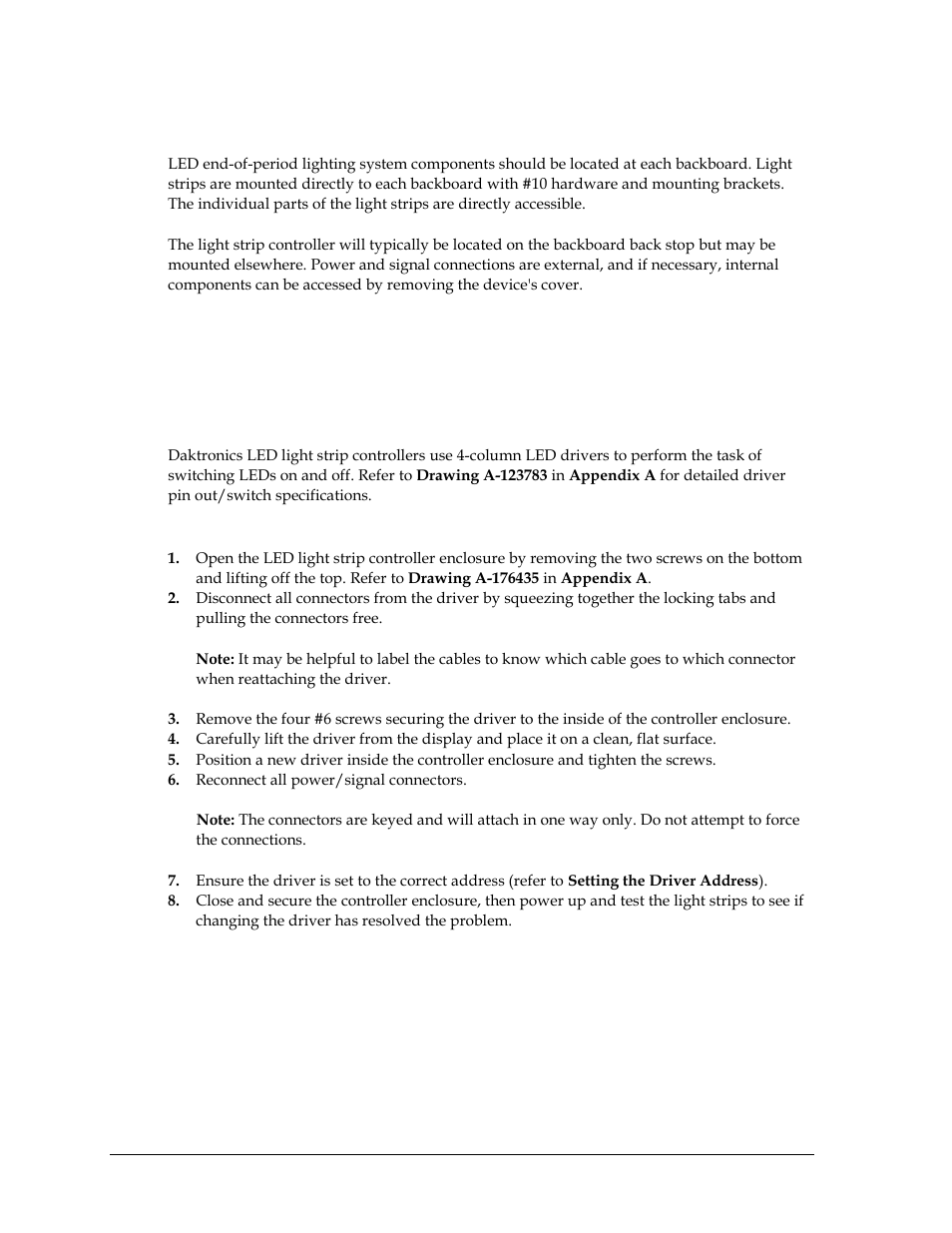 2 component location & access, 3 led drivers, Replacing a driver | Component location & access, Led drivers | Daktronics BB-2135 Backboard LED Light Strip User Manual | Page 12 / 36