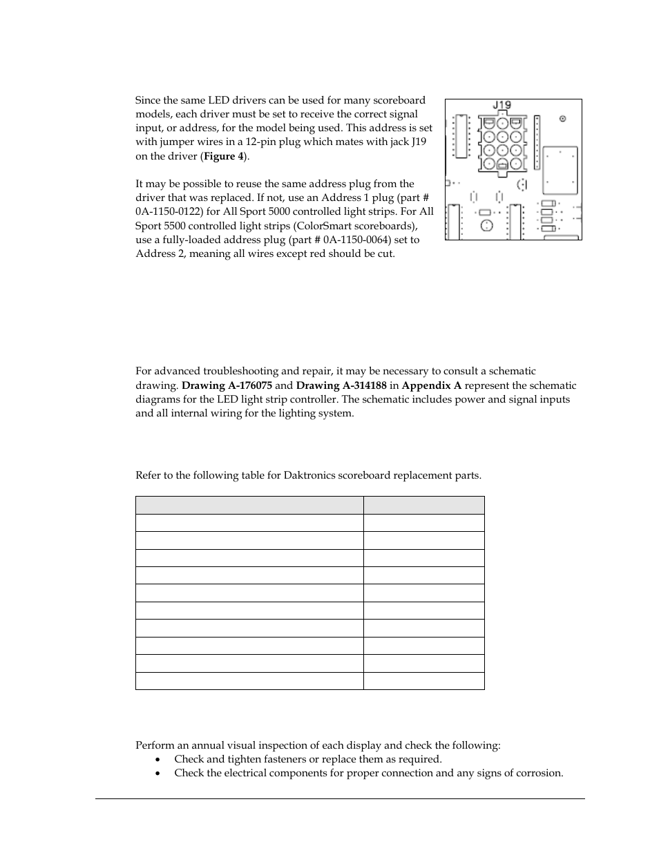 Setting the driver address, 4 schematics, 5 replacement parts list | 6 routine/preventative maintenance, Schematics, Replacement parts list, Routine/preventative maintenance | Daktronics BB-2135 Backboard LED Light Strip User Manual | Page 13 / 36