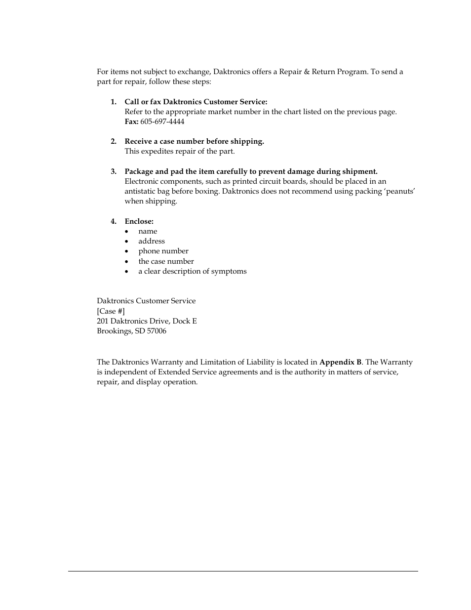 Repair & return program, Shipping address, Daktronics warranty and limitation of liability | Daktronics BB-2135 Backboard LED Light Strip User Manual | Page 15 / 36