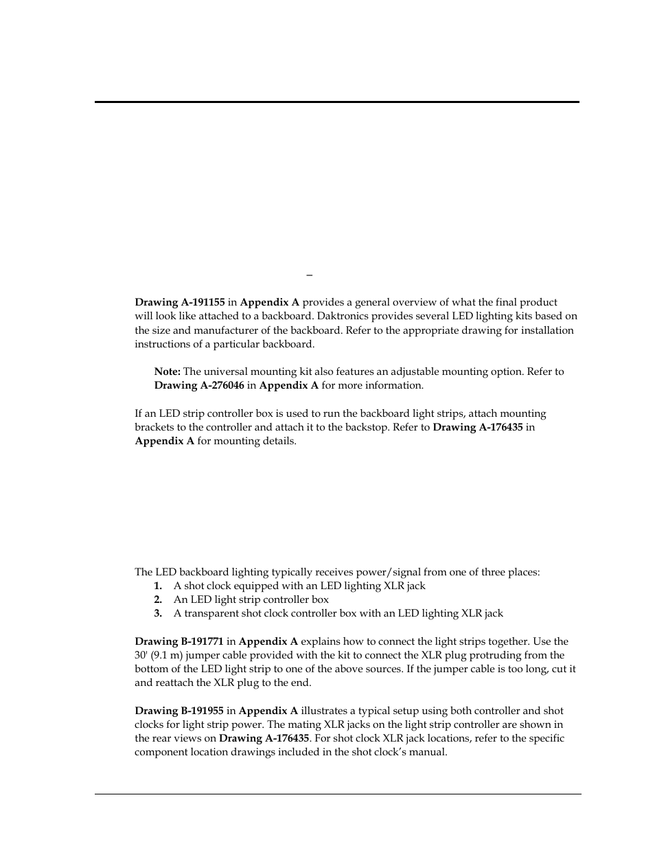 Section 2: backboard lighting kit, 1 mechanical installation, 2 electrical installation | Section 2, Backboard lighting kit, Mechanical installation, Electrical installation | Daktronics BB-2135 Backboard LED Light Strip User Manual | Page 9 / 36