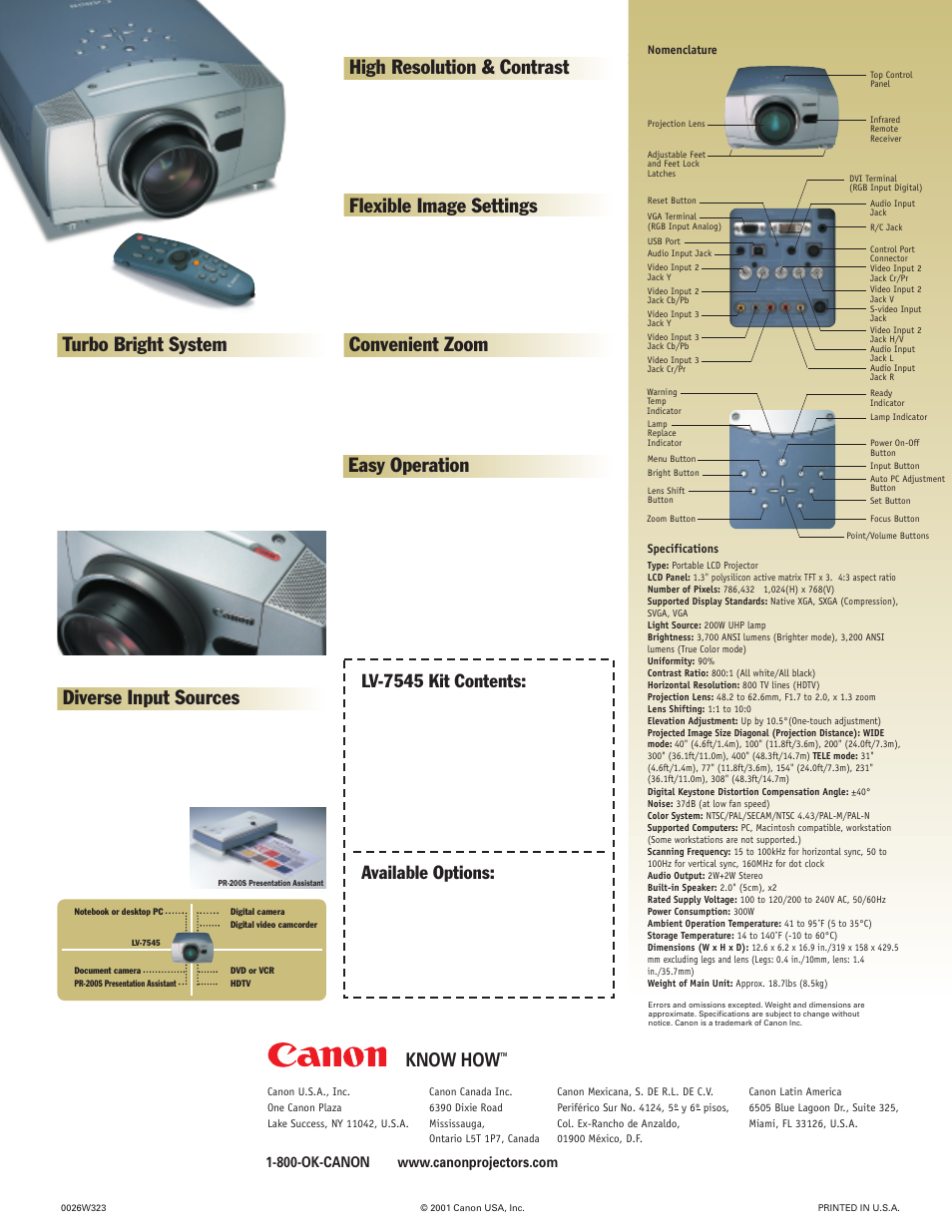 Flexible image settings, High resolution & contrast, Convenient zoom | Easy operation, Diverse input sources, Turbo bright system, Know how, Lv-7545 kit contents, Available options | Canon Portable Multimedia Player LV-7545 User Manual | Page 2 / 2