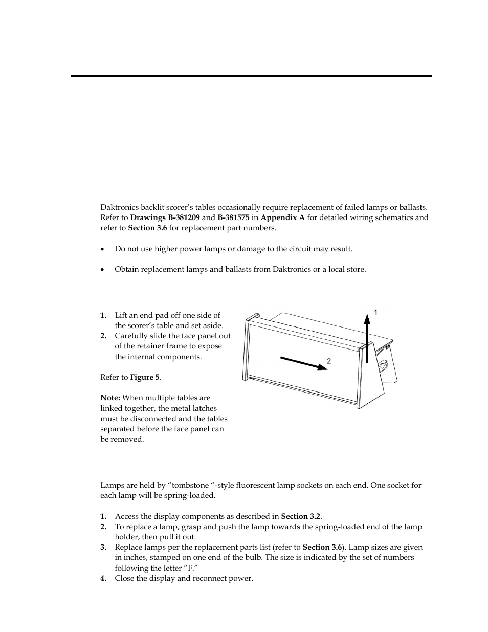 Section 3: maintenance & troubleshooting, 1 display information, 2 display access | 3 lamp replacement, Display information, Display access, Lamp replacement | Daktronics ST-2002 Backlit & Non-Backlit Scorer’s Tables User Manual | Page 11 / 24