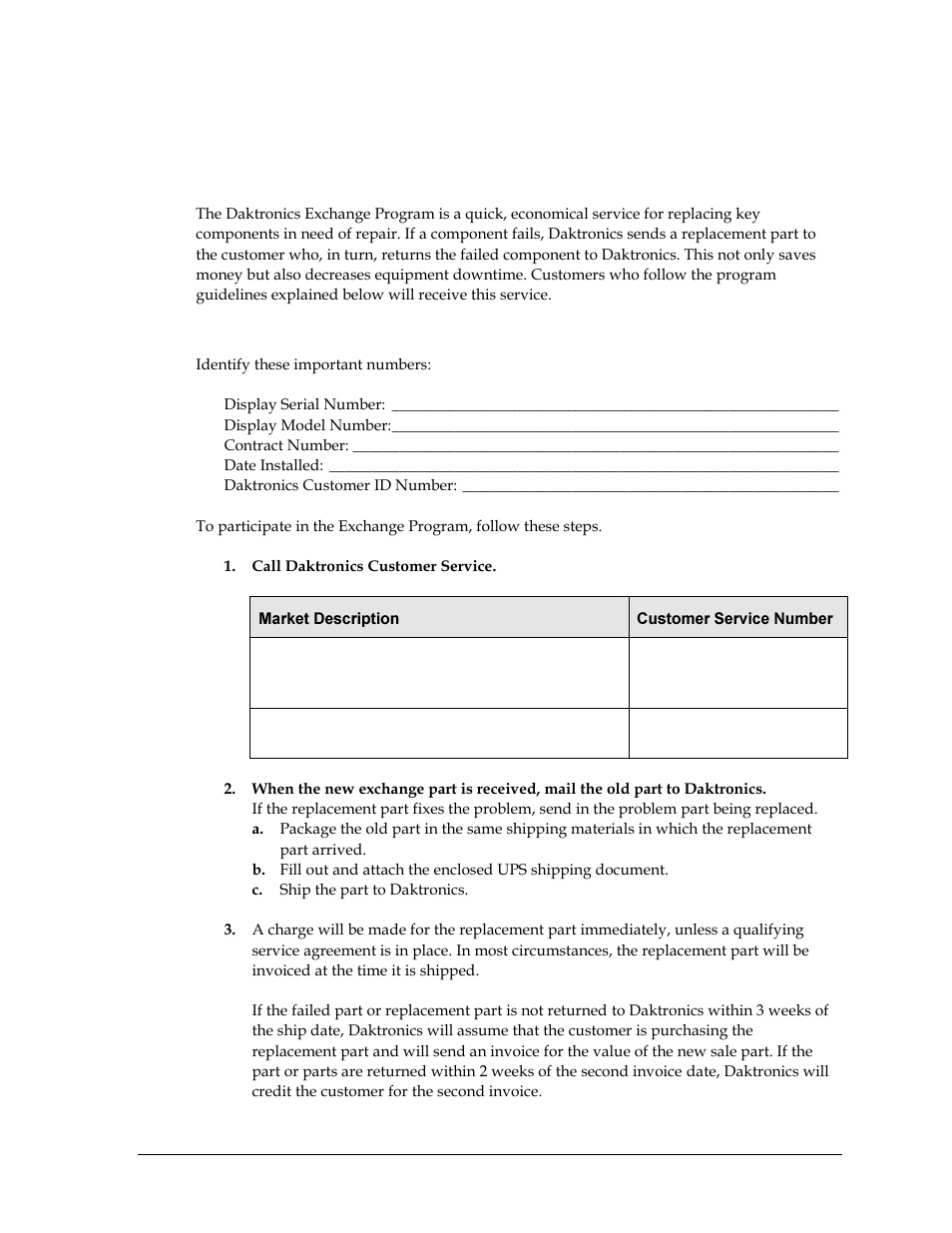 7 daktronics exchange and repair & return programs, Exchange program, Before contacting daktronics | Daktronics exchange and repair & return programs | Daktronics ST-2002 Backlit & Non-Backlit Scorer’s Tables User Manual | Page 13 / 24