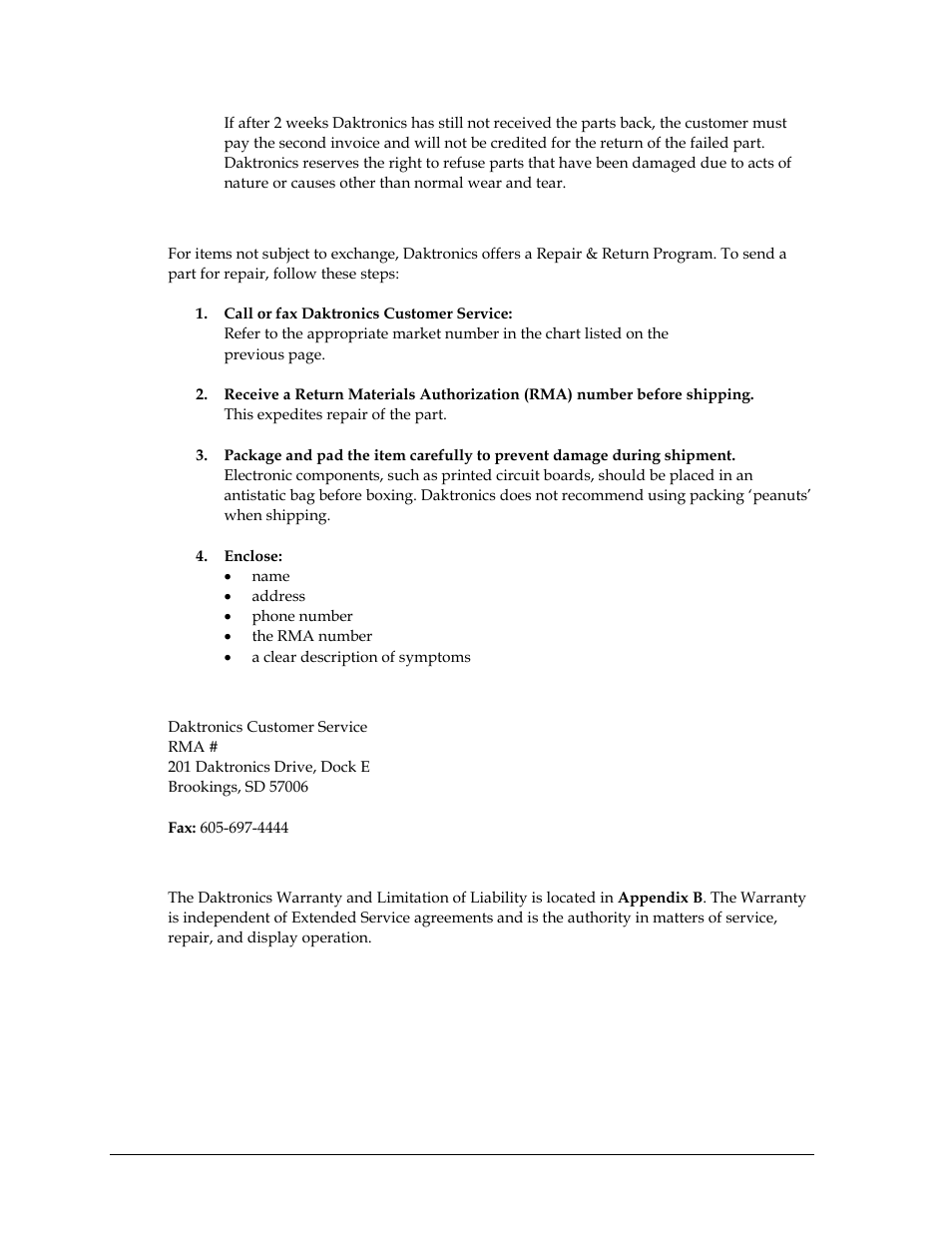 Repair & return program, Shipping address, Daktronics warranty and limitation of liability | Daktronics ST-2002 Backlit & Non-Backlit Scorer’s Tables User Manual | Page 14 / 24