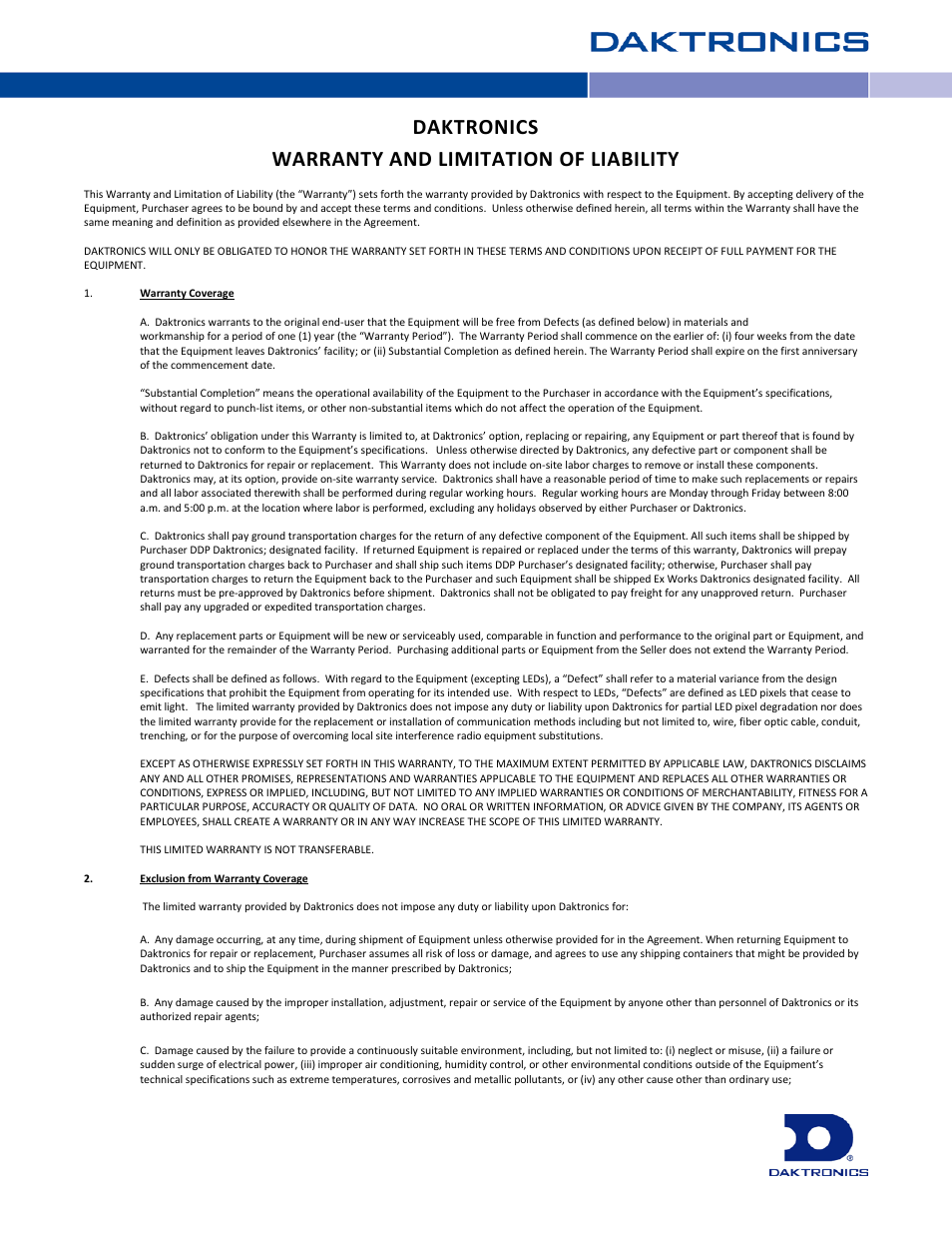 Warranty and limitation of liability, Daktronics warranty and limitation of liability | Daktronics ST-2002 Backlit & Non-Backlit Scorer’s Tables User Manual | Page 23 / 24
