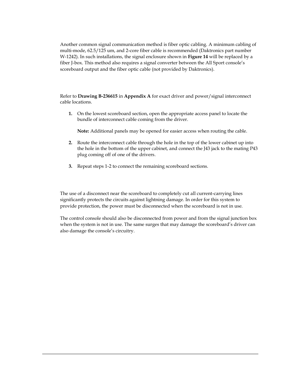 Fiber optic, 5 power/signal connections between sections, 6 lightning protection | Power/signal connections between sections, Lightning protection | Daktronics CR-2004 Multi-Section Cricket Scoreboard User Manual | Page 25 / 90