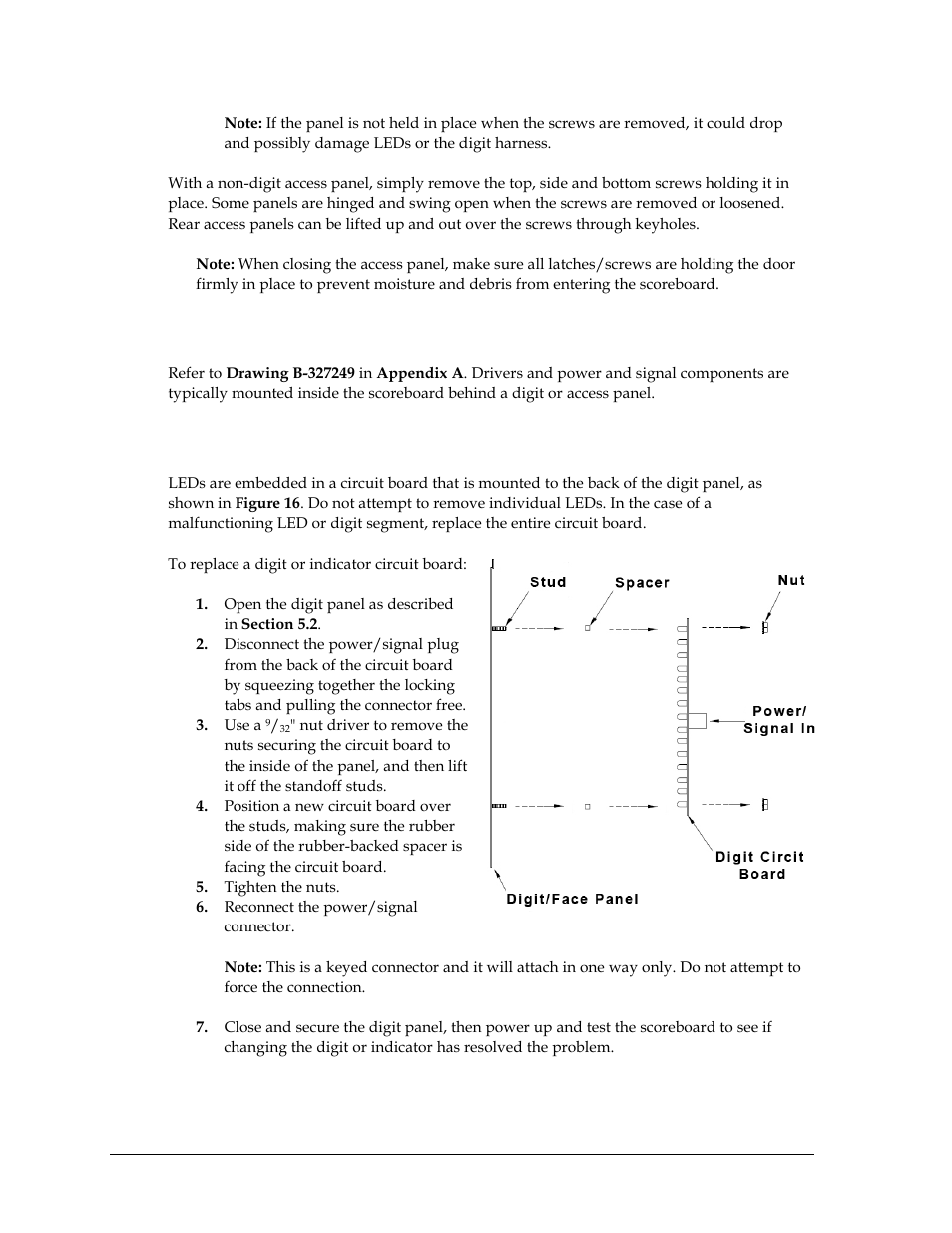3 component locations, 4 replacing digits & indicators, Component locations | Replacing digits & indicators | Daktronics CR-2004 Multi-Section Cricket Scoreboard User Manual | Page 30 / 90