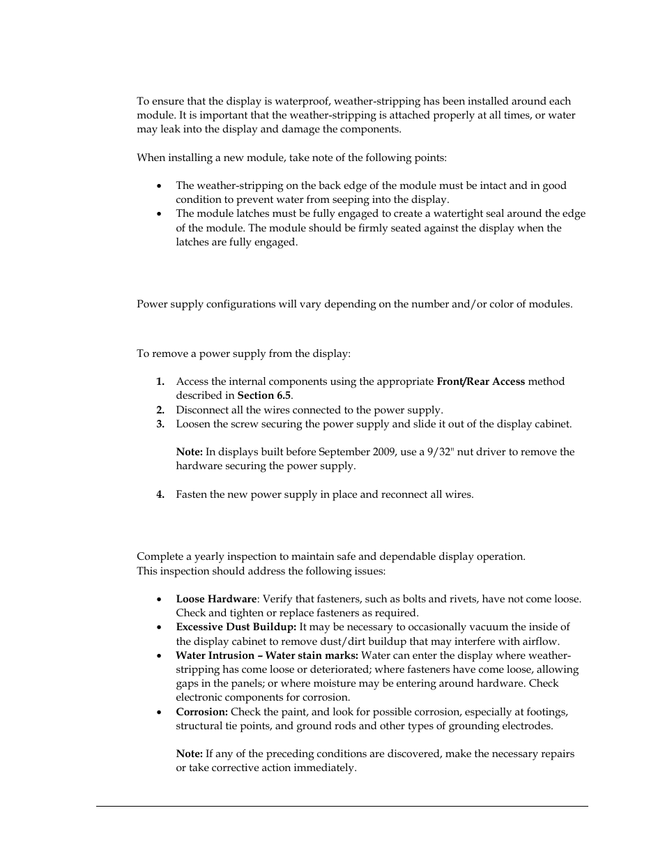 Weather-stripping, 8 power supplies, Replacing a power supply | 9 display maintenance, Power supplies, Display maintenance, N 6.8 | Daktronics CR-2004 Multi-Section Cricket Scoreboard User Manual | Page 47 / 90