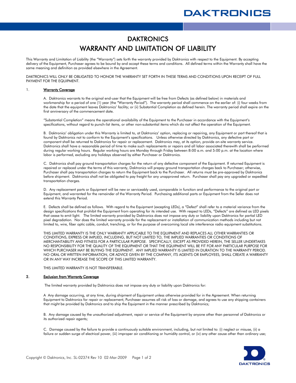 Warranty and limitation of liability, Daktronics | Daktronics CR-2004 Multi-Section Cricket Scoreboard User Manual | Page 89 / 90