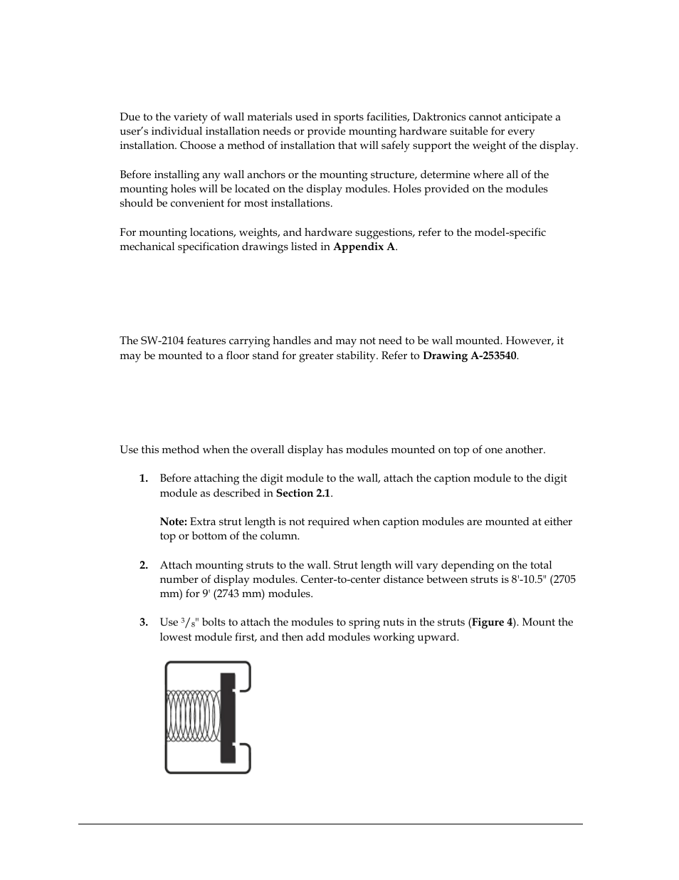 2 wall mounting digit modules, Sw-3104, Vertical wall mounting (indoor or outdoor) | Wall mounting digit modules | Daktronics SW-2101 Aquatics/Track LED Scoreboard User Manual | Page 10 / 84