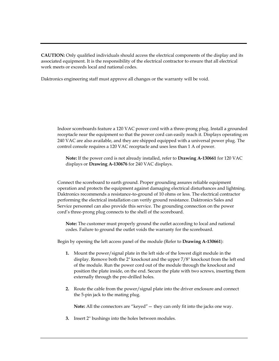 Section 3: electrical installation, 1 indoor scoreboard power, Grounding | Section 3, Electrical installation, Indoor scoreboard power | Daktronics SW-2101 Aquatics/Track LED Scoreboard User Manual | Page 13 / 84