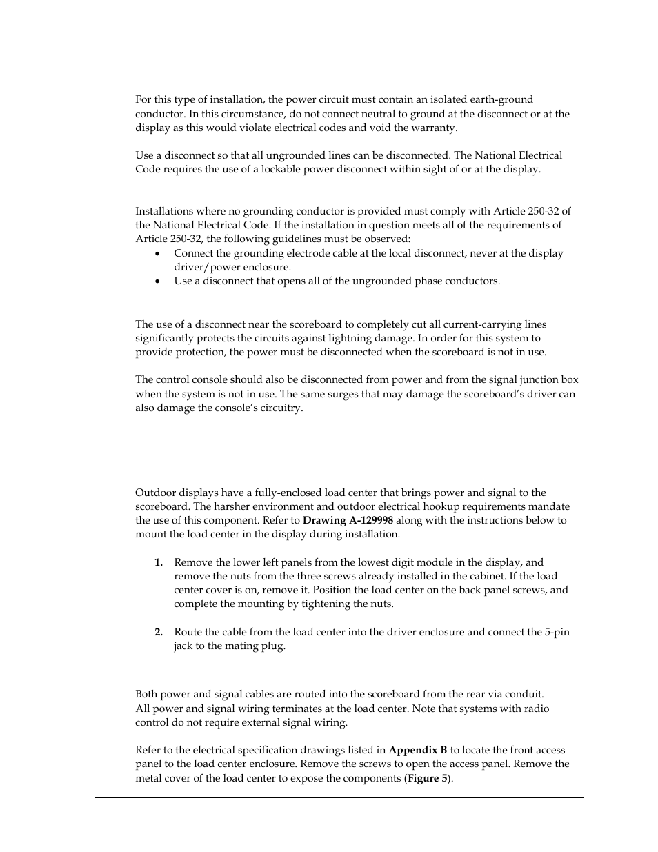 Lightning protection, Installing load centers, Connection | Daktronics SW-2101 Aquatics/Track LED Scoreboard User Manual | Page 15 / 84