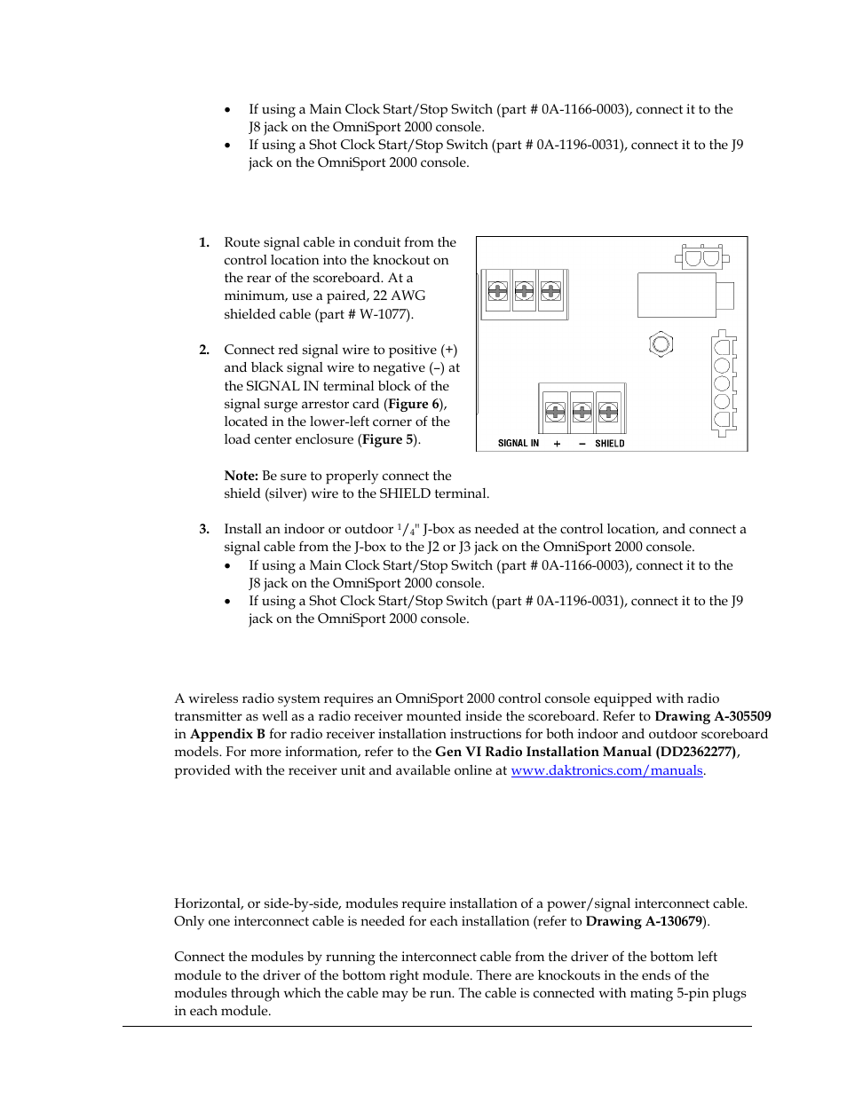 4 outdoor signal connection, 5 wireless signal connection, 6 internal cable routing (horizontal models only) | Outdoor signal connection, Wireless signal connection, Internal cable routing (horizontal models only) | Daktronics SW-2101 Aquatics/Track LED Scoreboard User Manual | Page 17 / 84