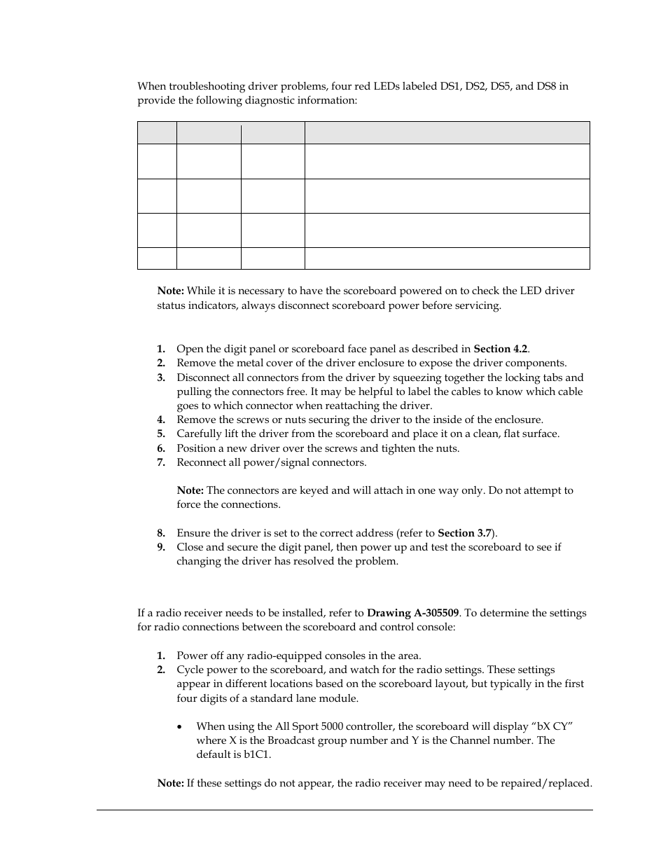 Replacing a driver, 5 radio connections, Radio connections | Daktronics SW-2101 Aquatics/Track LED Scoreboard User Manual | Page 25 / 84