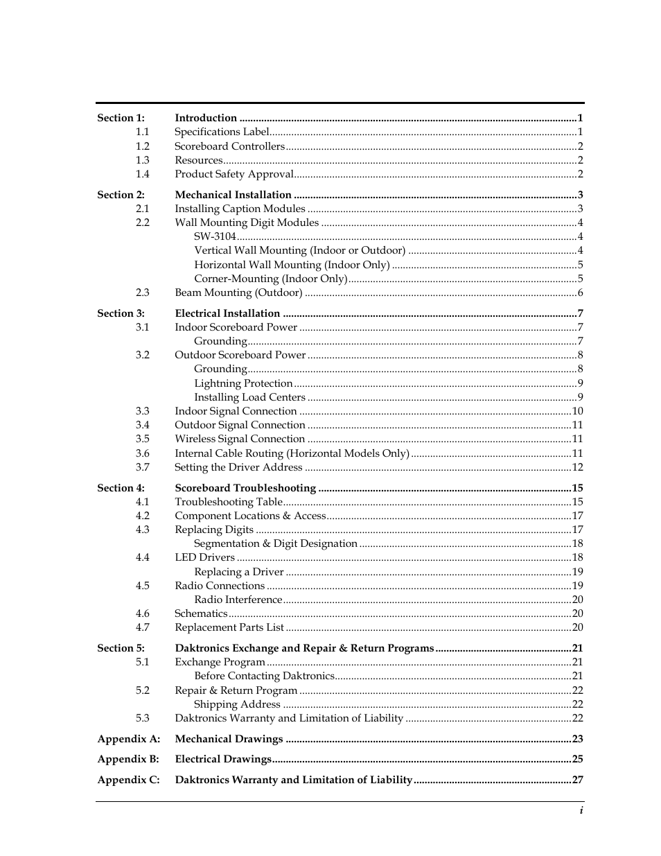 Daktronics SW-2101 Aquatics/Track LED Scoreboard User Manual | Page 5 / 84